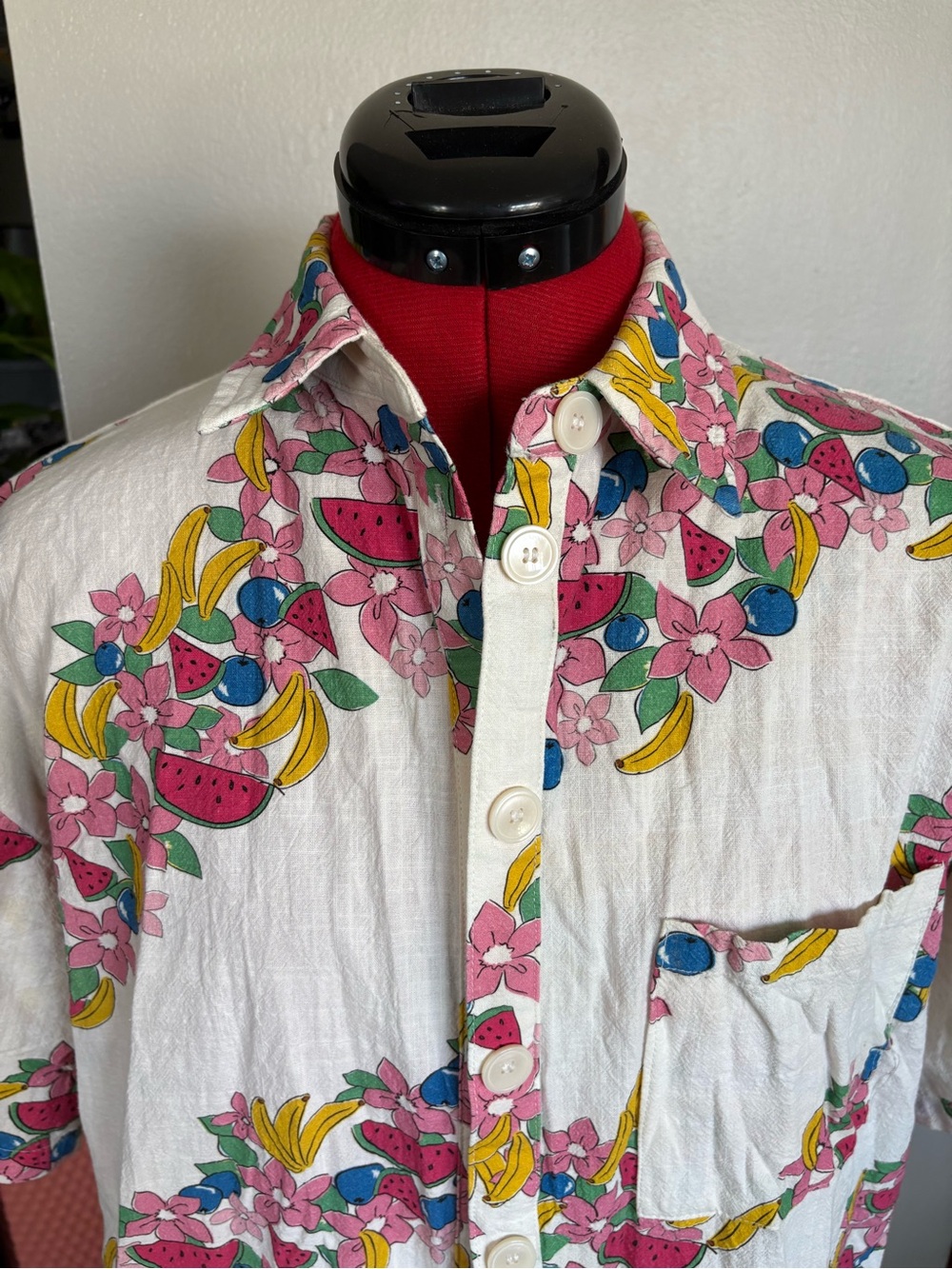 Oversized Print Button-Up Shirt - Pink, Yellow, Blue on White